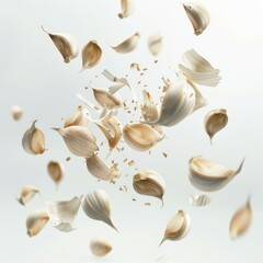 Wall Mural - Garlic cloves exploding and flying in the air on white background