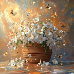 Poster - Serene 3D depiction of a wooden basket filled with pure white flowers and fluttering butterflies set against an abstract multicolored spring background emphasizing tranquility and beauty