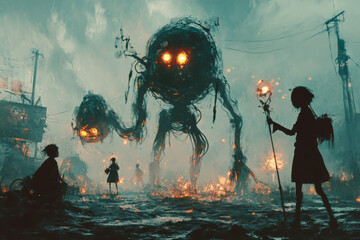 A group of people are standing in front of a large, grotesque creature. The creature is surrounded by fire, and the people are holding a wand. Scene is dark and eerie, with a sense of danger and fear