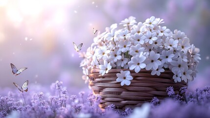 Poster - Serene 3D depiction of a wooden basket filled with beautiful white flowers and fluttering butterflies placed against a soft lavender spring background creating a dreamy and peaceful atmosphere