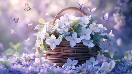 Poster - Serene 3D depiction of a wooden basket filled with beautiful white flowers and fluttering butterflies placed against a soft lavender spring background creating a dreamy and peaceful atmosphere