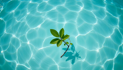 The leaf floats on the surface of the water with reflections of sunlight and soft ripples, the concept of relaxation