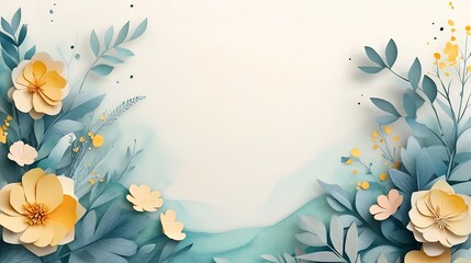 Fototapete - Serene empty papercut nature icon featured within a soft paper frame surrounded by gentle watercolor splashes and delicate floral designs creating a calming springtime atmosphere