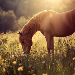 Canvas Print - Majestic Horse Grazing in Sunlit Meadow with Flowing Mane and Wildflowers