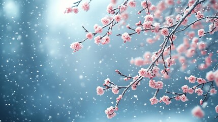 Poster - Serene scene of delicate spring blossom tree branches adorned with soft snowflakes falling gently around them creating a magical winterspring blend with plenty of space for text