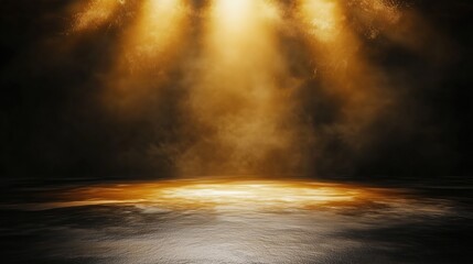 Aufkleber - Abstract background featuring golden light rays on a dark, textured wall with an illuminated floor and a central spotlight, creating a dramatic atmosphere and offering a minimalistic, empty scene idea
