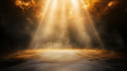 Aufkleber - Abstract background featuring golden light rays on a dark, textured wall with an illuminated floor and a central spotlight, creating a dramatic atmosphere and offering a minimalistic, empty scene idea