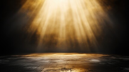 Fototapete - Abstract background featuring golden light rays on a dark, textured wall with an illuminated floor and a central spotlight, creating a dramatic atmosphere and offering a minimalistic, empty scene idea