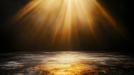 Aufkleber - Abstract background featuring golden light rays on a dark, textured wall with an illuminated floor and a central spotlight, creating a dramatic atmosphere and offering a minimalistic, empty scene idea