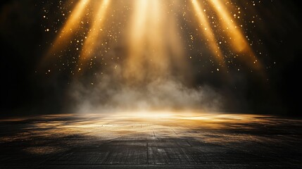 Aufkleber - Abstract background featuring golden light rays on a dark, textured wall with an illuminated floor and a central spotlight, creating a dramatic atmosphere and offering a minimalistic, empty scene idea