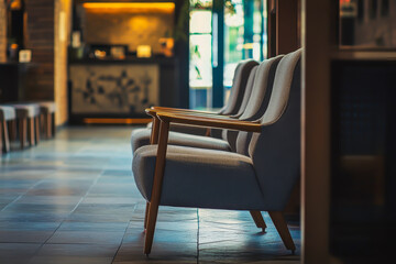 Poster - A chair is sitting in a room with a tile floor. The chair is in the middle of the room and is facing a window. The room has a modern design with a lot of natural light coming in from the window