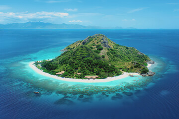 Stunning aerial view of a tropical island. Clear turquoise waters and white sandy beaches.