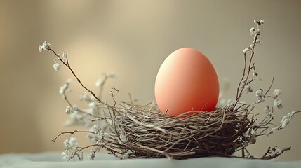 Poster - Solitary pastelcolored egg resting in a simple nest of twigs on a smooth beige background The minimalism and soft tones evoke a serene spring atmosphere with space for an Easter greeting