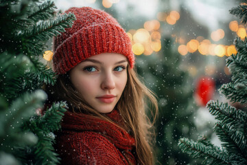 A woman wearing a red hat and scarf stands in front of a tree covered in snow. Concept of warmth and coziness, as the woman is dressed for the cold weather