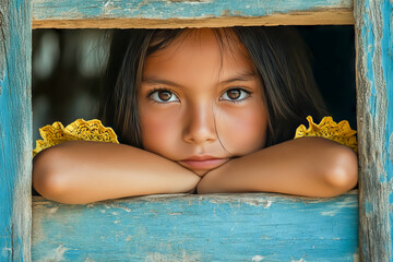 A young girl is looking out of a window with her arms crossed. Scene is one of contemplation and introspection