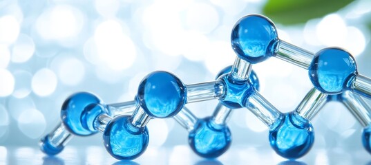 Poster - abstract blue molecular structure scientific background with bokeh effect and green leaf
