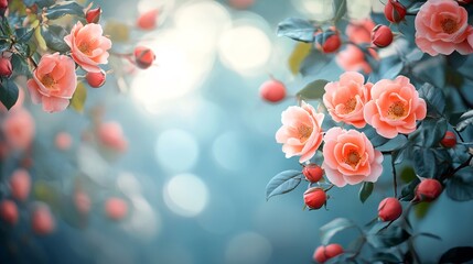 Poster - Stunning spring border featuring vibrant blooming rose bushes against a serene blue background showcasing delicate rose hips and soft selective focus perfect for adding a touch of elegance