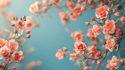 Poster - Stunning spring border featuring vibrant blooming rose bushes against a serene blue background showcasing delicate rose hips and soft selective focus perfect for adding a touch of elegance