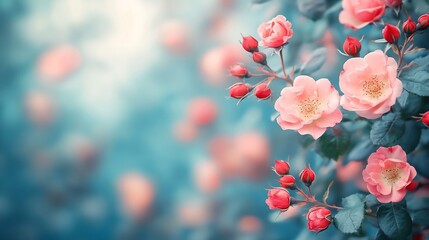 Poster - Stunning spring border featuring vibrant blooming rose bushes against a serene blue background showcasing delicate rose hips and soft selective focus perfect for adding a touch of elegance