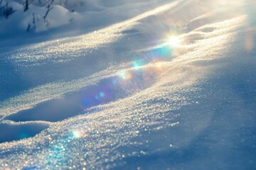Leinwandbilder - Sunlight sparkles on freshly fallen snow, highlighting intricate textures and creating a tranquil atmosphere in a winter landscape. Generative AI
