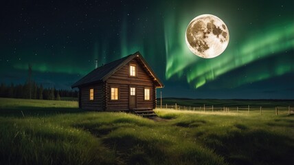 Wooden house with full moon grass northern light in green landscape