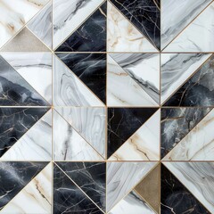 Poster - Geometric pattern forming by black and white marble tiles with gold details, creating an elegant and modern look