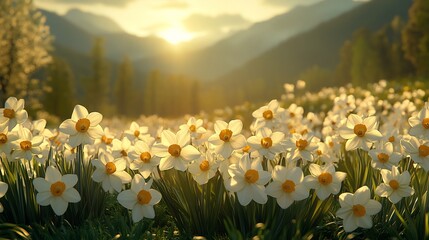 Poster - Stunning spring meadow scene showcasing a banner of daffodils in bright white and yellow hues The warm light filters through creating a serene and inviting ambiance of springtime joy