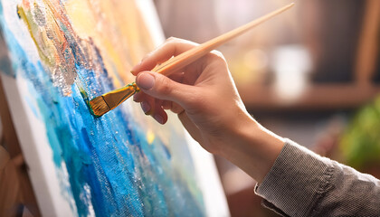 A close-up view of an artist's hand painting a vibrant canvas, capturing creativity, skill, and passion in art. The image highlights artistic expression and the joy of creating masterpieces.