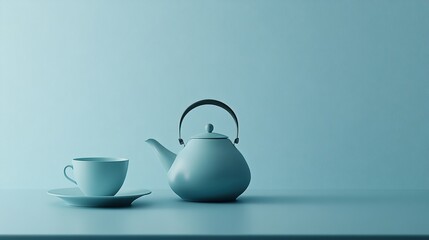 Aufkleber - A serene tea kettle sits beside a delicate cup on a smooth surface, creating a calming atmosphere perfect for enjoying tea moments. Generative AI