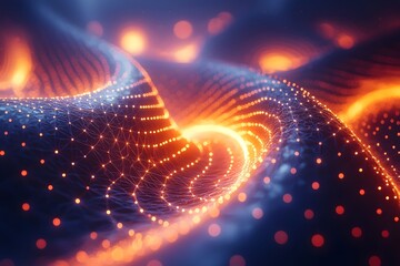 Poster - A mesmerizing abstract wave of glowing orange and blue particles, representing digital connectivity and innovation, creates a dynamic and futuristic visual effect.