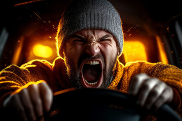 Angry driver man yelling by the car steering wheel concept.