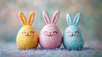 Poster - Trio of smiling Easter eggs painted like bunnies their faces full of joy sitting on a soft pastel background with ample space for text ready for a bright Easter greeting or message
