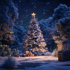 Christmas Tree And Gift Boxes On Snow In Night With Shiny Star and Forest. Christmas presents, .A  Christmas village at night, covered in snow, featuring a large decorated tree with glowing lights