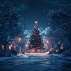 Wall Mural - christmas tree and gift boxes on snow in night with shiny star and forest.a beautiful christmas vill