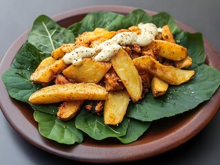 Crispy Potato Wedges with Creamy Sauce and Green Garnish