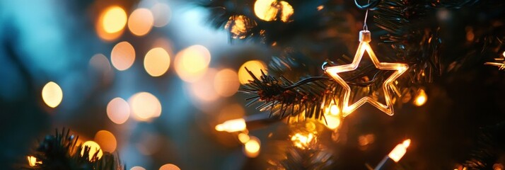 Poster - The starry night sky sparkles as abstract Christmas lights twinkle softly, creating a warm and enchanting holiday atmosphere. Generative AI