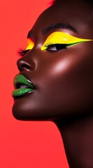 A closeup of a model with acid green and neon yellow eyeliner creating a look of surprise and wonder, with holographic lip gloss reflecting light in rainbow hues and intense highlighter emphasis.