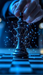 Poster - Strategic Business Planning Hand Moving Chess King with Network Graphic Overlay on Board