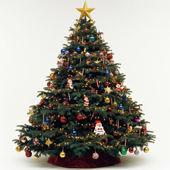 Wall Mural - christmas tree decorated with ornaments and festive lights isolated on white