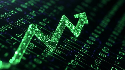 Poster - A glowing green upward arrow cutting through a dark background of numbers, symbolizing a booming stock market
