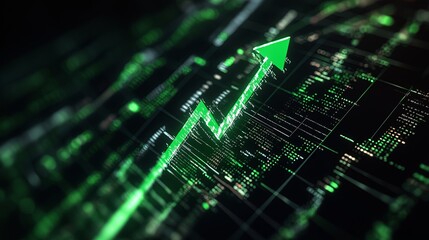 Poster - A glowing green upward arrow cutting through a dark background of numbers, symbolizing a booming stock market