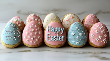 Poster - Vibrant assortment of pastelcolored Easter cookies with intricate patterns set against a clean minimalistic white background creating a joyful Happy Easter theme with simplicity and elegance