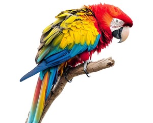 Poster - Vibrant Overweight Parrot Perched on Branch Against White Background