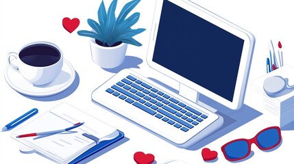Poster - A serene workspace with a phone, computer, and a cup of coffee