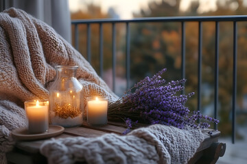 Wall Mural - Cozy balcony with a knitted blanket, candles, and a lavender bouquet.