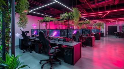 Poster - A sleek, modern call center setup, with comfortable chairs, bright lighting