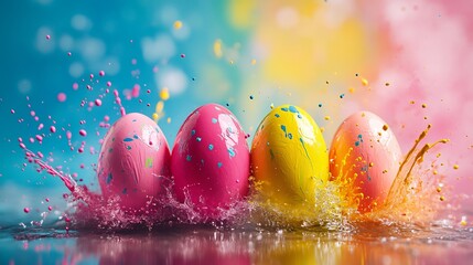 Poster - Vibrant Easter egg colorful explosion with splashes of paint in hues of pink yellow blue and green creating a dynamic and festive atmosphere Perfect for capturing the spirit of Easter
