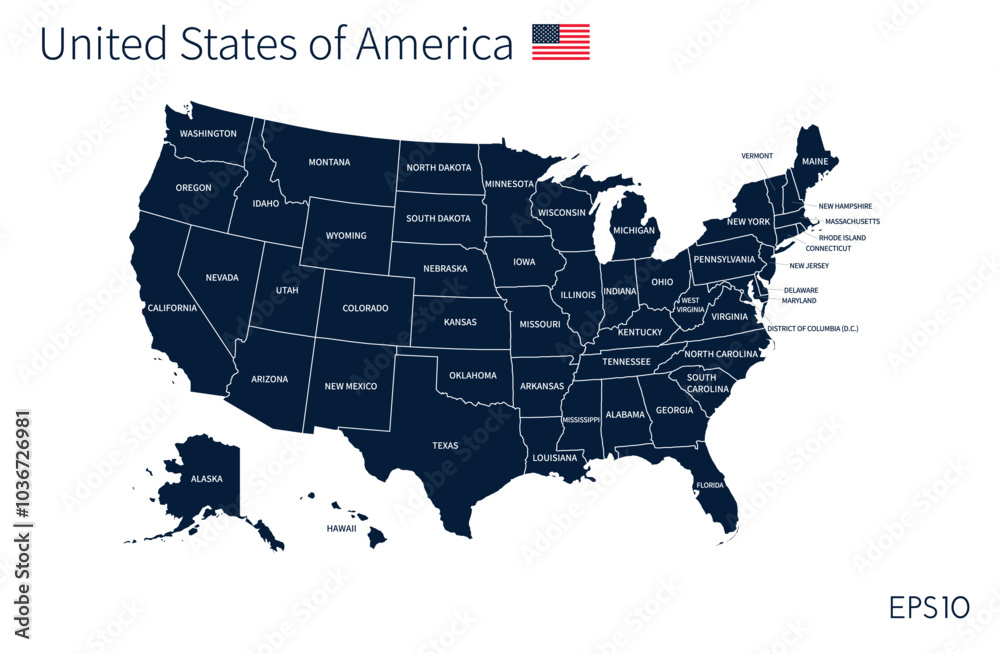 US map. American infographics template, with separated states and state names. Vector ...