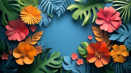 Poster - Vibrant empty papercut nature icon set against a bright cheerful paper frame surrounded by playful cutout flowers and leaves capturing the essence of spring's vitality and joy
