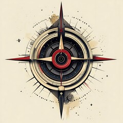 Poster - A stylized compass with a red and black needle pointing north against a beige background.